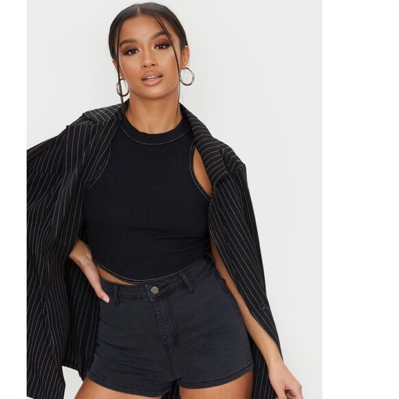 High Waist Black Denim Disco Shorts - Picture 1 of 4